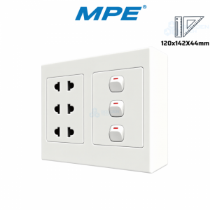 Bộ Công Tắc Ổ Cắm Đôi: 3 Công Tắc, 3 Ổ Cắm 2 Chấu & Đế Nổi Đôi