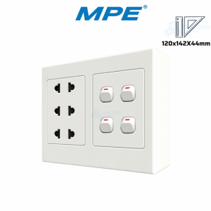 Bộ Công Tắc Ổ Cắm Đôi: 4 Công Tắc, 3 Ổ Cắm 2 Chấu & Đế Nổi Đôi