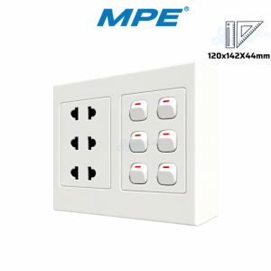 Bộ Công Tắc Ổ Cắm Đôi: 6 Công Tắc, 3 Ổ Cắm 2 Chấu & Đế Nổi Đôi