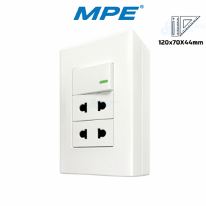 Bộ Công Tắc Ổ Cắm Đơn: 1 Công Tắc, 2 Ổ Cắm 2 Chấu & Đế Nổi Đơn (Vặn Vít)